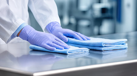 A professional individual using blue microfiber cloths and disposable gloves to clean a stainless steel surface in a modern kitchen environment, emphasizing hygiene and professionalism.の素材