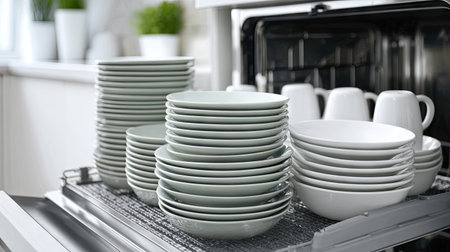 This image showcases a modern dishwasher filled with neatly arranged clean dishes, including plates, bowls, and cups, highlighting the importance of kitchen organization.の素材