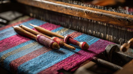 Close-up view of wooden loom tools resting on a colorful woven textile, showcasing vibrant patterns and textures in a traditional artisan workshop environment.の素材