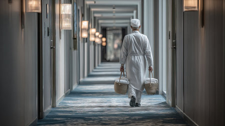 A staff member in a white uniform walks gracefully down an elegant hotel corridor, carrying baskets. The serene atmosphere highlights hospitality in luxurious settings.の素材