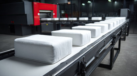 A modern industrial facility features a conveyor belt transporting neatly arranged white packages. The efficient layout emphasizes productivity and streamlined operations.の素材