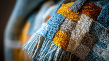 A close-up view of a vibrant woven textile showcasing warm colors and intricate patterns ideal for cozy home decor and creative inspiration.の素材