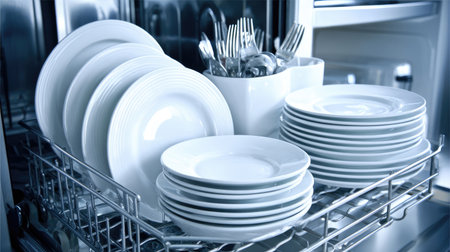 This image features a modern dishwasher with clean, neatly arranged white plates and silverware, showcasing effective kitchen organization and cleanliness.の素材