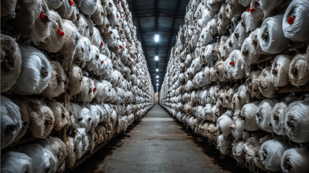 This image showcases a spacious warehouse filled with neatly stacked rolls of textiles, highlighting an organized and efficient storage space in an industrial setting.の素材