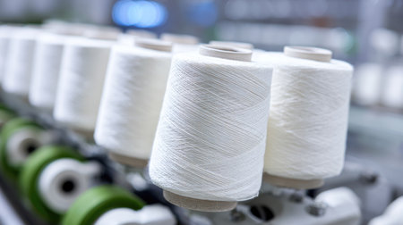 Close-up view of white thread spools arranged in a textile factory setting, showcasing intricate details of the spools and machinery in the background.の素材