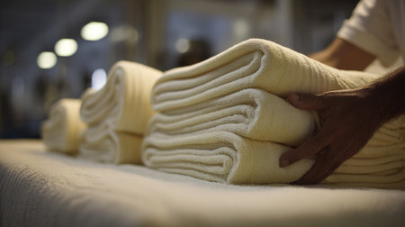 A close-up view of neatly stacked bath towels in a cozy setting, featuring warm lighting and a calming ambiance, perfect for a spa or hotel environment.の素材