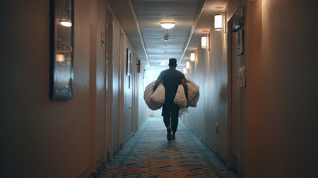 A person is seen walking down a hotel hallway, carrying white bedding. The soft lighting creates a warm ambiance, highlighting the colorful carpet design and the hotelの素材