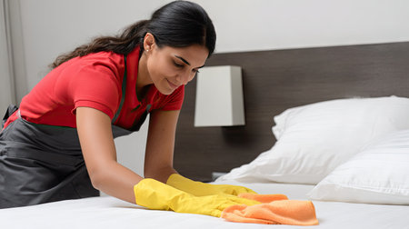 A female worker in a red shirt and yellow gloves diligently cleans a bed surface in a hotel room, showcasing dedication to hygiene and neatness.の素材