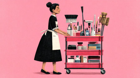 A cheerful housekeeper smiles as she pushes a cleaning cart filled with various supplies on a vibrant pink background, illustrating domestic service.の素材