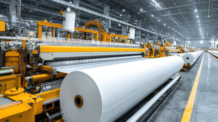 This image showcases a cutting-edge paper manufacturing facility featuring advanced machinery, large rolls of paper, and a bustling industrial environment.の素材