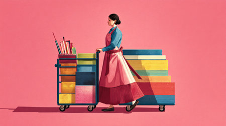 A stylish woman in an apron pushes a cart filled with colorful boxes against a vibrant pink background, showcasing creativity and professionalism in a minimalist design.の素材
