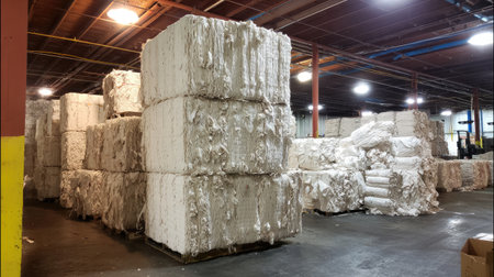 A spacious industrial warehouse displaying stacked bales of white textile waste, highlighting the manufacturing process of recycling and sustainability efforts.の素材