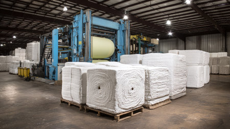 A spacious interior of an industrial textile factory featuring large machinery used for processing cotton bales. The image showcases neat stacks of bundled cotton, highlighting the organized workflow and efficiency in a commercial production setting.の素材