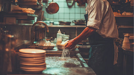 A dedicated chef scrubs dishes during a busy service in a restaurant kitchen, highlighting the essential behind-the-scenes work and vibrant ambiance.の素材
