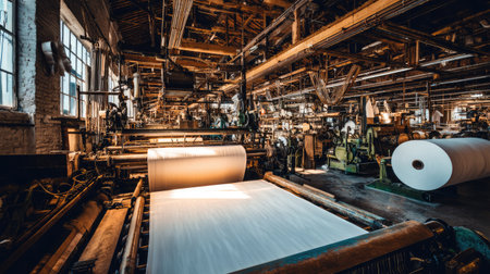 An expansive view of an industrial paper manufacturing facility, highlighting the intricate machinery and raw materials involved in the production process. The scene captures the essence of modern manufacturing environments, showcasing the workflow and technology in action.の素材