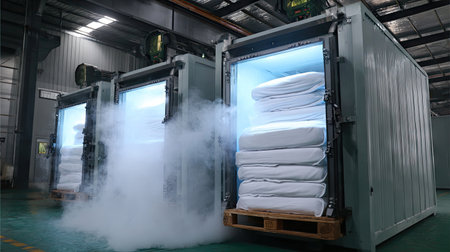 This image showcases modern industrial storage solutions featuring neatly stacked bedding inside illuminated containers, highlighting organization and technology in a warehouse setting.の素材