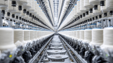 This image showcases a high-tech textile manufacturing facility featuring numerous spools of thread neatly aligned along advanced machinery, illustrating modern production methods.の素材