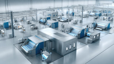 Aerial view of a modern manufacturing facility featuring high-tech machinery, automated production lines, and a clean industrial environment, emphasizing efficiency and innovation.の素材