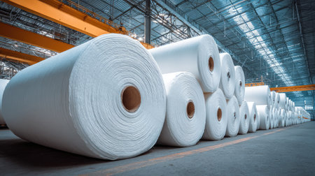 This image features large rolls of white paper neatly arranged in an industrial warehouse, showcasing the manufacturing and production environment.の素材