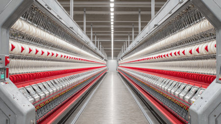 A vibrant textile production facility showcases modern technology with an array of spinning machines arranged in symmetrical lines, highlighting efficiency and innovation.の素材