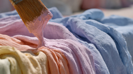 A beautiful closeup of a brush dipped in pastel paint gliding over soft textiles, showcasing an artistic project in a sunlit outdoor environment.の素材