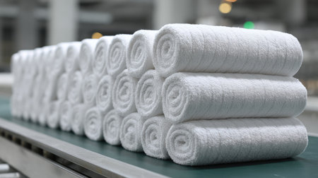 A collection of neatly rolled white towels stacked in an organized manner, perfect for enhancing the atmosphere of a hotel or spa setting.の素材