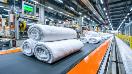 A view of freshly rolled white towels on a conveyor belt in a modern manufacturing facility, showcasing the automation and machinery involved in textile production.の素材