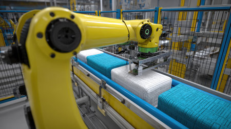 A close-up view of a yellow robotic arm engaging in the precise handling of industrial blocks within a high-tech factory. The scene showcases advanced automation technology in a modern manufacturing setting, highlighting efficiency and innovation in production processes.の素材