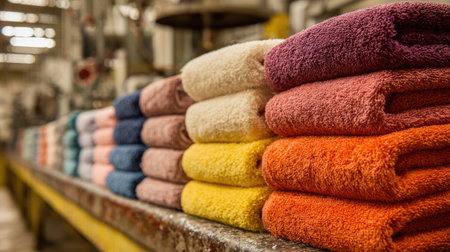 A visually appealing display of neatly stacked towels in various vibrant hues, showcasing the quality and softness of textile products in the manufacturing environment.の素材