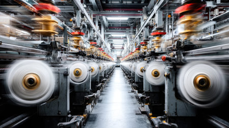 A dynamic view of an industrial textile factory showcasing spinning machines in action, highlighting the speed and efficiency of production processes.の素材