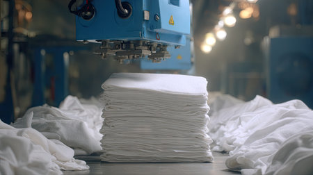 The image captures a textile factory scene featuring a fabric-stacking machine with neatly folded white clothes, showcasing an organized production environment.の素材
