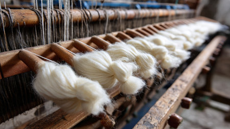 A detailed view of a traditional weaving loom showcasing natural white fibers being prepared for textile production, highlighting artisan craftsmanship.の素材