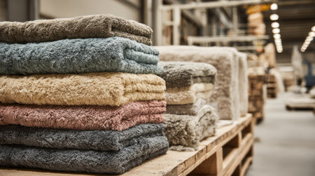 A visually appealing arrangement of soft towels in various colors and textures is displayed in a modern warehouse setting, showcasing home and spa essentials.の素材