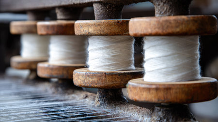 This detailed close-up showcases vintage wooden spools filled with white thread on a traditional textile machine, highlighting the artistry in crafting and weaving.の素材