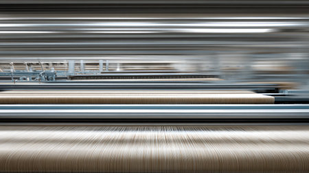 A captivating dynamic view showing the textile manufacturing process in motion. This image captures the essence of factory efficiency with blurred lines and machinery, emphasizing the intricate workflow and modern technology involved in producing high-quality fabrics.の素材