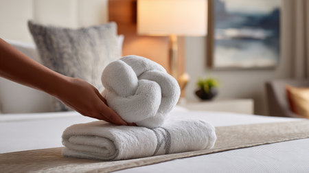 A close-up image showcasing soft white towels arranged creatively in a cozy hotel room, featuring warm lighting and elegant decor for a relaxing ambiance.の素材