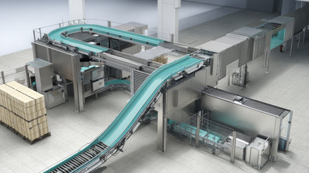 Innovative automated conveyor system designed to enhance sorting and packaging processes in modern warehouse environments, promoting efficiency and productivity.の素材