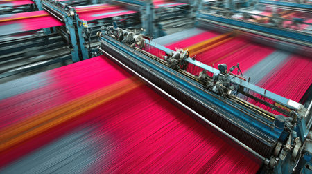 A dynamic view of a busy textile factory showcasing the weaving process with vibrant red and gray threads. The image captures movement and industry.の素材