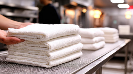 A focused view of freshly folded white towels stacked neatly on a stainless steel table in a bustling commercial kitchen, showcasing cleanliness and organization.の素材