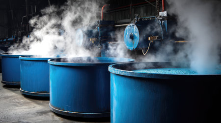 An industrial setting showcasing round blue tanks with steam rising, illustrating the dynamic processes in a manufacturing facility.の素材