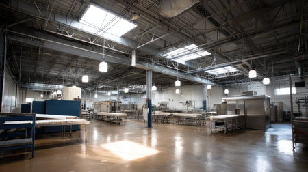 An expansive industrial kitchen featuring bright lighting and modern equipment. The open layout invites culinary creativity, showcasing a professional workspace ideal for large-scale food preparation.の素材