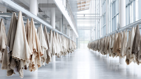 A serene and spacious interior showcases natural textiles hanging elegantly from industrial rods. Soft beige tones create a warm atmosphere, emphasizing craftsmanship and modern design, ideal for art displays.の素材