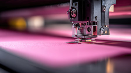A high precision laser cutting machine is meticulously working on vibrant pink material in a modern workshop, showcasing advanced technology and craftsmanship.の素材