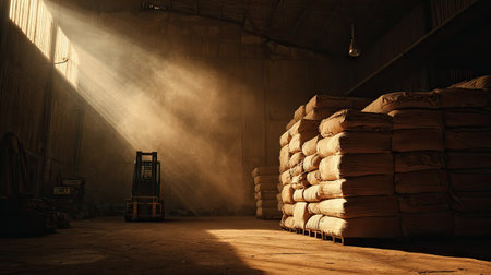 A tranquil warehouse scene showcasing stacked bags bathed in light rays, with a forklift waiting to assist in the dusty, industrial environment.の素材