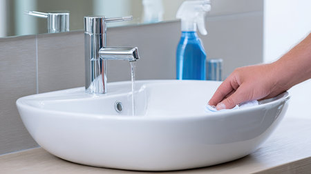 A person is cleaning a modern sink with a soft cloth while water flows from the stylish faucet, showcasing a bright and hygienic bathroom setting.の素材