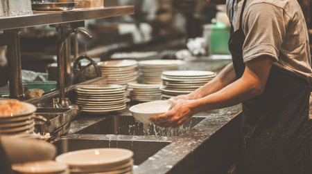 Scene captures a chef actively cleaning dishes in a busy restaurant kitchen, showcasing the daily operations and importance of hygiene in food service.の素材