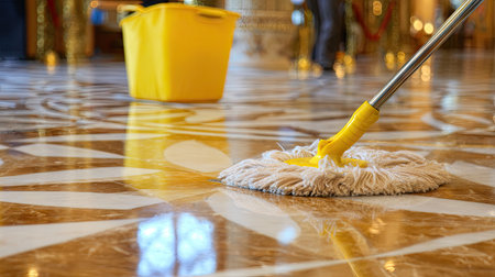 A close-up view of a cleaning process showcasing a mop and yellow bucket on a polished marble floor in an elegant interior space. The shiny surface reflects light, emphasizing cleanliness.の素材