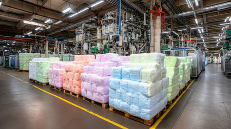 A modern industrial warehouse interior featuring neatly stacked bales of soft material in pastel colors, highlighting efficient logistics and storage solutions.の素材