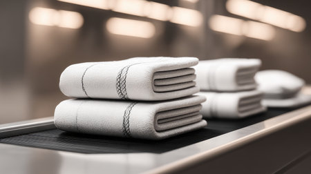 A set of neatly stacked white towels on a sleek display surface, surrounded by soft interior lighting, perfect for wellness and relaxation themes.の素材