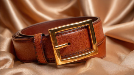 This elegant brown leather belt, featuring a striking gold buckle, rests gracefully on a soft satin background, highlighting its luxury and style.の素材